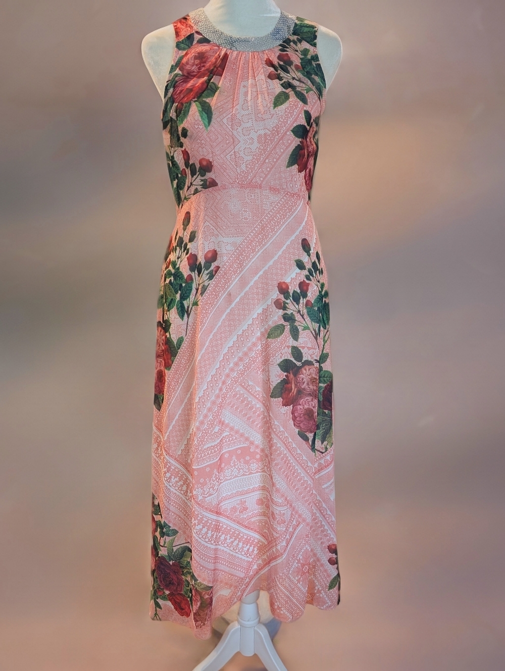 Pankaj & Nidhi Sleeveless Pink Floral Maxi Dress with Beaded Neckline